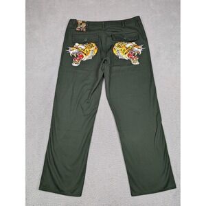 Ed Hardy Pants Mens 36x31 Green Utility Tiger Graphic Denim Tattoo Art Chino New